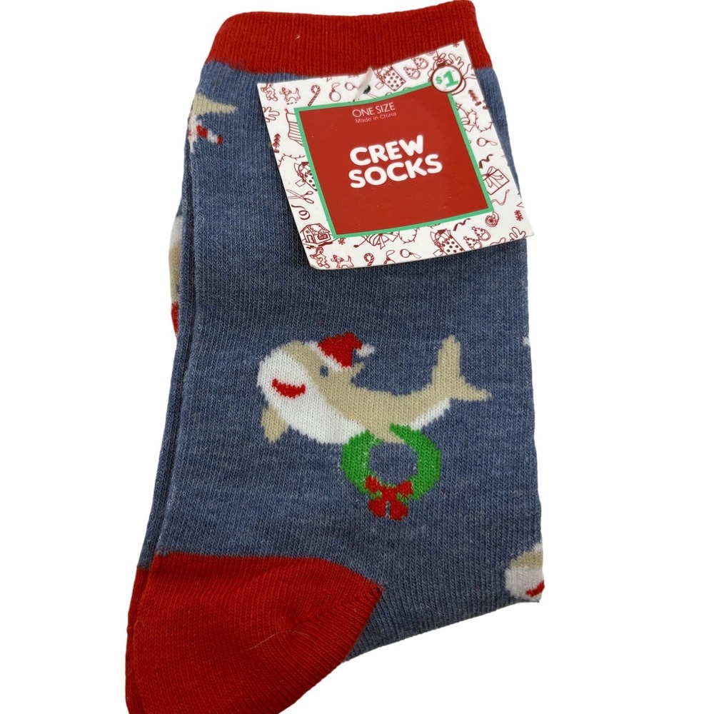 Kids Christmas Shark Crew Socks‎ Blue Red Santa Hat Wreath One Size NWT